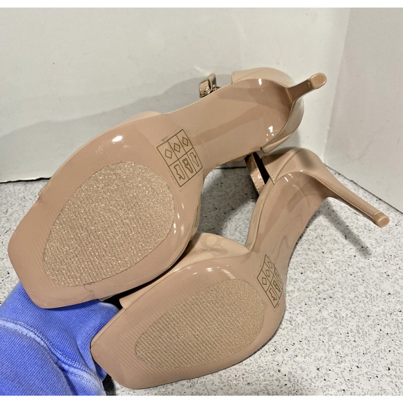 ALDO 9M Nude Patent High Heel Dressy Shoes Open Toe Ankle Strap Sexy Stilettos - Picture 7 of 10